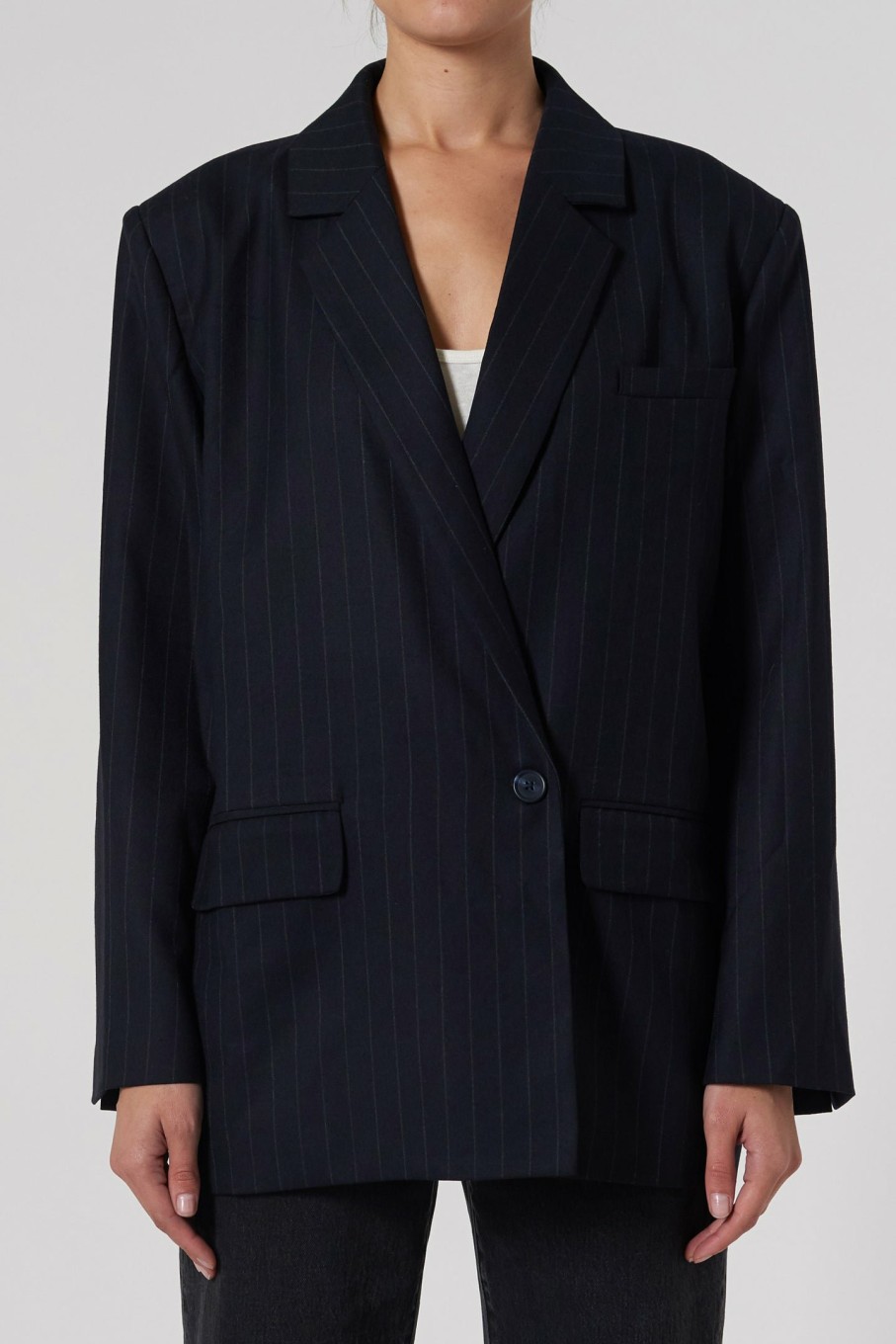 WOMENS Neuw Denim Jackets | Oversized Pinstripe Blazer - Navy